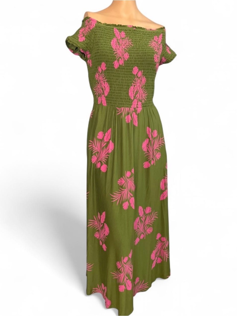 Boden Olive Green Maxi Dress with Hot Pink Floral Print